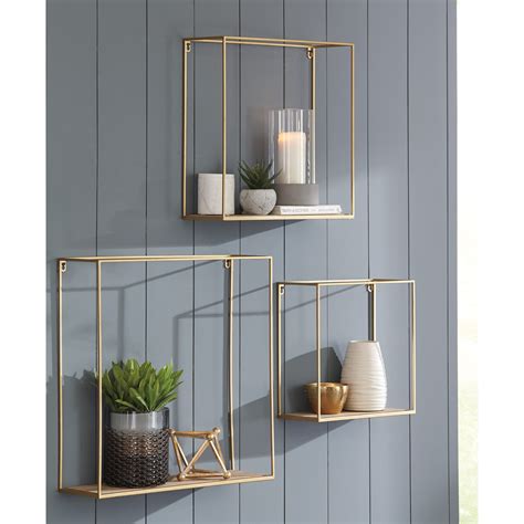 rustic shelves gold walls